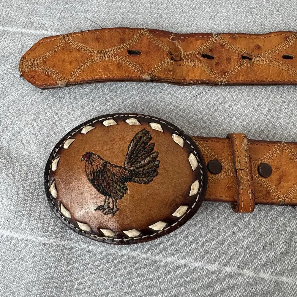Vintage Justin Ostrich Leather Belt & Vtg Embroidered Rooster Belt Buckle Tan 36